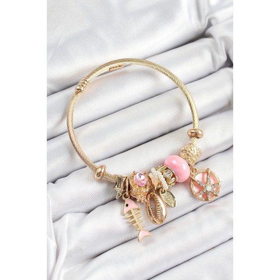 316L Çelik Pembe Zirkon Taşlı Balık Deniz Kabuğu Ve Deniz Yıldızı Model Gold Renk Charm Bileklik 316L Çelik Pembe Zirkon Taşlı Balık Deniz Kabuğu Ve Deniz Yıldızı Model Gold Renk Charm Bileklik