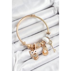 316L Çelik Beyaz Zirkon Taşlı Baykuş İstiridye Ve Anahtar Model Gold Renk Charm Bileklik