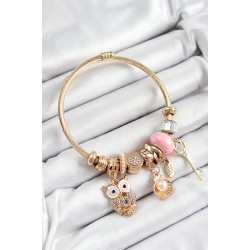 316L Çelik Pembe Zirkon Taşlı Baykuş İstiridye Ve Anahtar Model Gold Renk Charm Bileklik