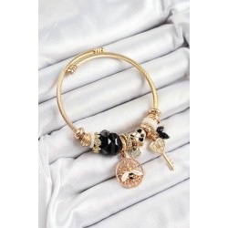 316L Çelik Siyah Zirkon Taşlı Baykuş Arı Ve Anahtar Model Gold Renk Charm Bileklik
