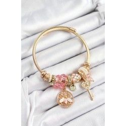 316L Çelik Pembe Zirkon Taşlı Baykuş Arı Ve Anahtar Model Gold Renk Charm Bileklik
