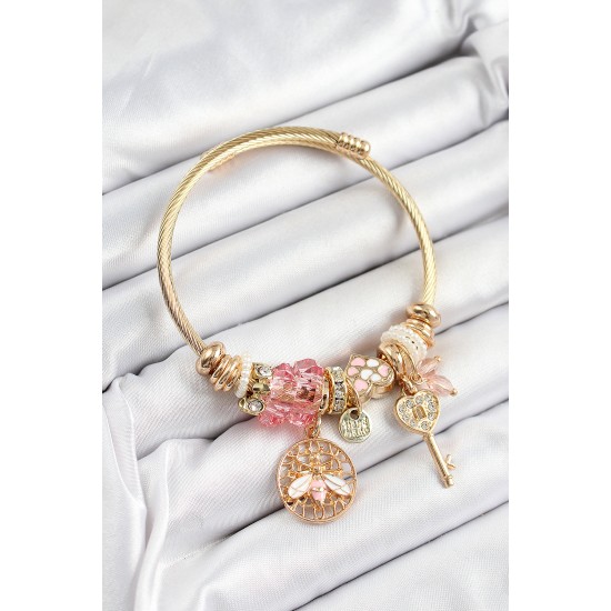 316L Çelik Pembe Zirkon Taşlı Baykuş Arı Ve Anahtar Model Gold Renk Charm Bileklik 316L Çelik Pembe Zirkon Taşlı Baykuş Arı Ve Anahtar Model Gold Renk Charm Bileklik