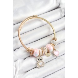 316L Çelik Pembe Zirkon Taşlı Ayıcık Ve Kalp Model Gold Renk Charm Bileklik