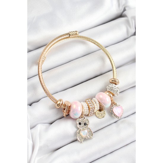 316L Çelik Pembe Zirkon Taşlı Ayıcık Ve Kalp Model Gold Renk Charm Bileklik 316L Çelik Pembe Zirkon Taşlı Ayıcık Ve Kalp Model Gold Renk Charm Bileklik