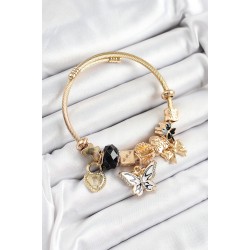 316L Çelik Siyah Zirkon Taşlı Kelebek Fiyonk Ve Kilit Model Gold Renk Charm Bileklik