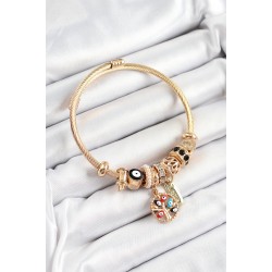 316L Çelik Siyah Nazarlı Zirkon Taşlı İnci Detaylı Hayat Ağacı Model Gold Renk Charm Bileklik