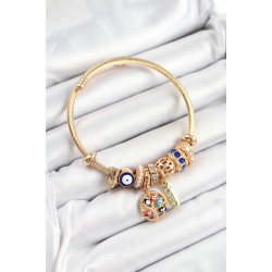 316L Çelik Lacivert Nazarlı Zirkon Taşlı İnci Detaylı Hayat Ağacı Model Gold Renk Charm Bileklik
