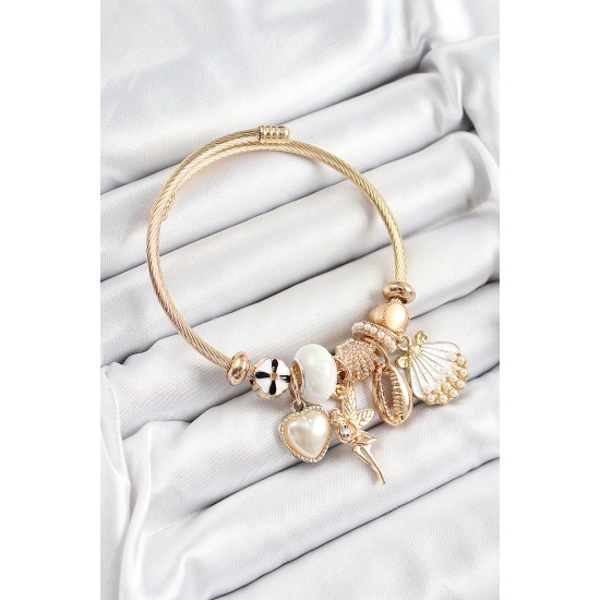 316L Çelik Beyaz Zirkon Taşlı Yıldız Melek İstiridye Ve Kalp Model Gold Renk Charm Bileklik 316L Çelik Beyaz Zirkon Taşlı Yıldız Melek İstiridye Ve Kalp Model Gold Renk Charm Bileklik