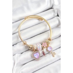 316L Çelik Mor Zirkon Taşlı Anahtar Ve Kalp Model Gold Renk Charm Bileklik