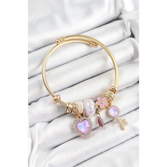 316L Çelik Mor Zirkon Taşlı Anahtar Ve Kalp Model Gold Renk Charm Bileklik 316L Çelik Mor Zirkon Taşlı Anahtar Ve Kalp Model Gold Renk Charm Bileklik