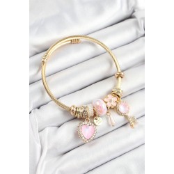 316L Çelik Pembe Zirkon Taşlı Anahtar Ve Kalp Model Gold Renk Charm Bileklik