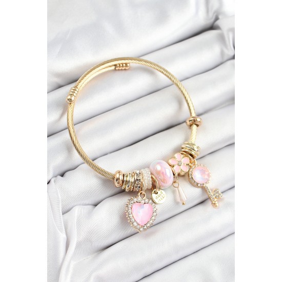 316L Çelik Pembe Zirkon Taşlı Anahtar Ve Kalp Model Gold Renk Charm Bileklik 316L Çelik Pembe Zirkon Taşlı Anahtar Ve Kalp Model Gold Renk Charm Bileklik