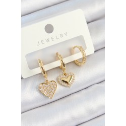 Pirinç Zirkon Taşlı Sallantılı Kalp Model Gold Renk 3'lü Çift Kadın Küpe Set