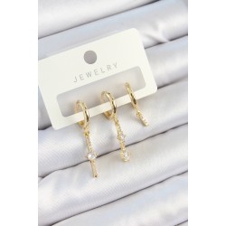 Pirinç Zirkon Taşlı Sallantılı Model Gold Renk 3'lü Çift Kadın Küpe Set