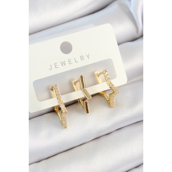 Pirinç Zirkon Taşlı Yıldız Model Gold Renk 3'lü Çift Kadın Küpe Set Pirinç Zirkon Taşlı Yıldız Model Gold Renk 3'lü Çift Kadın Küpe Set
