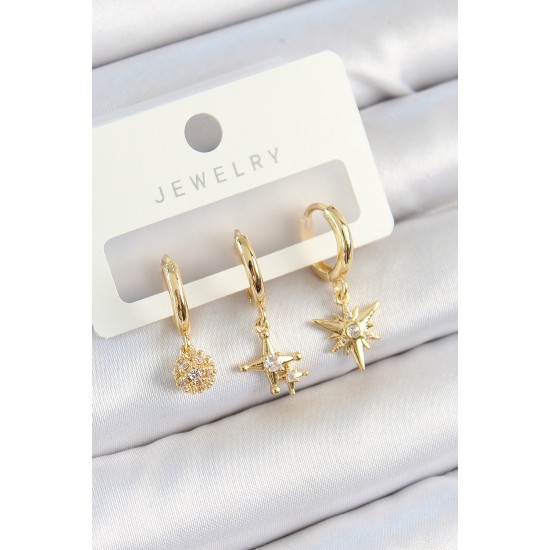 Pirinç Zirkon Taşlı Yıldız Model Gold Renk 3'lü Çift Kadın Küpe Set Pirinç Zirkon Taşlı Yıldız Model Gold Renk 3'lü Çift Kadın Küpe Set