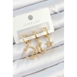 Pirinç Zirkon Taşlı Yıldız Ve Ay Model Gold Renk 3'lü Çift Kadın Küpe Set