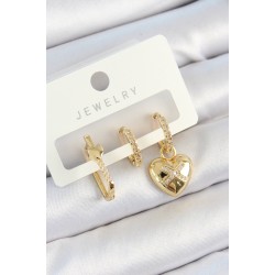 Pirinç Zirkon Taşlı Kalp Model Gold Renk 3'lü Çift Kadın Küpe Set