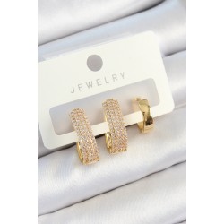 Pirinç Zirkon Taşlı Damla Model Gold Renk 3'lü Çift Kadın Küpe Set