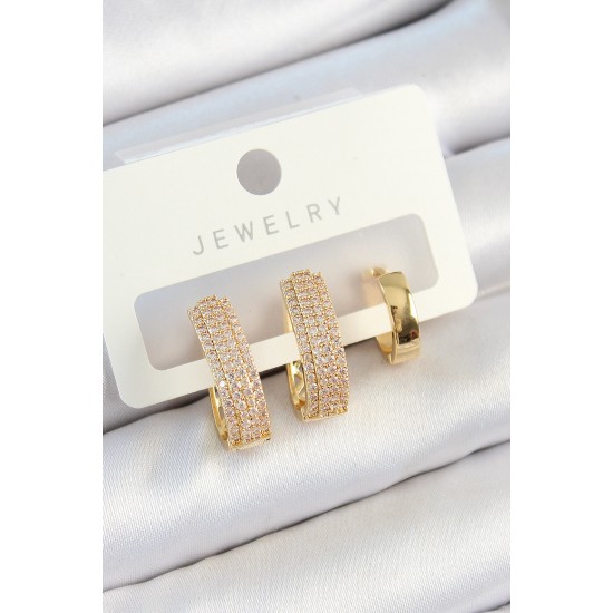Pirinç Zirkon Taşlı Damla Model Gold Renk 3'lü Çift Kadın Küpe Set Pirinç Zirkon Taşlı Damla Model Gold Renk 3'lü Çift Kadın Küpe Set