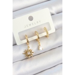 Pirinç Zirkon Taşlı Güneş Model Gold Renk 3'lü Çift Kadın Küpe Set