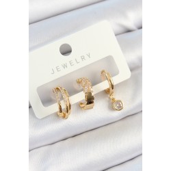 Pirinç Zirkon Taşlı Halka Model Gold Renk 3'lü Çift Kadın Küpe Set