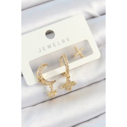 Pirinç Zirkon Taşlı Çiçek Ve Ay Model Gold Renk 3'lü Çift Kadın Küpe Set