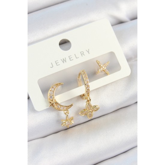 Pirinç Zirkon Taşlı Çiçek Ve Ay Model Gold Renk 3'lü Çift Kadın Küpe Set Pirinç Zirkon Taşlı Çiçek Ve Ay Model Gold Renk 3'lü Çift Kadın Küpe Set