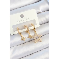 Pirinç Zirkon Taşlı Yıldız Model Gold Renk 3'lü Çift Kadın Küpe Set