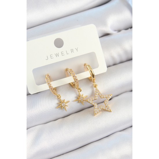 Pirinç Zirkon Taşlı Yıldız Model Gold Renk 3'lü Çift Kadın Küpe Set Pirinç Zirkon Taşlı Yıldız Model Gold Renk 3'lü Çift Kadın Küpe Set