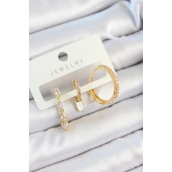 Pirinç Zirkon Taşlı Sallantılı Model Gold Renk 3'lü Çift Kadın Küpe Set