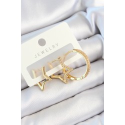 Pirinç Zirkon Taşlı Yıldız Ve Halka Model Gold Renk 3'lü Çift Kadın Küpe Set