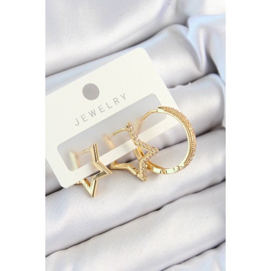 Pirinç Zirkon Taşlı Yıldız Ve Halka Model Gold Renk 3'lü Çift Kadın Küpe Set Pirinç Zirkon Taşlı Yıldız Ve Halka Model Gold Renk 3'lü Çift Kadın Küpe Set