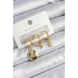 Pirinç Zirkon Taşlı Yıldız Ve Ay Model Gold Renk 3'lü Çift Kadın Küpe Set