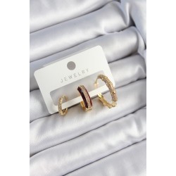 Pirinç Zirkon Taşlı Bordo Halka Model Gold Renk 3'lü Çift Kadın Küpe Set