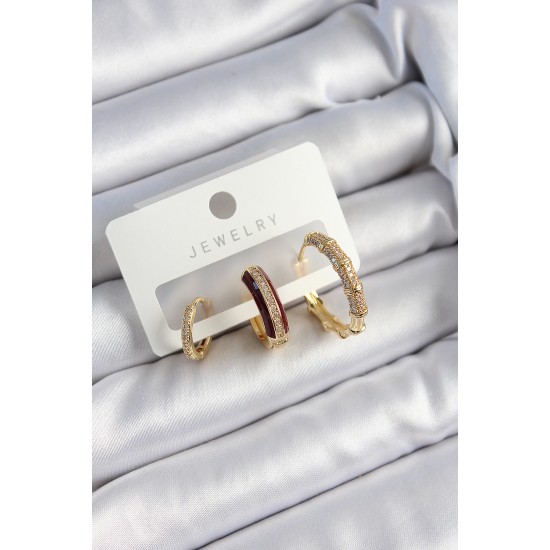 Pirinç Zirkon Taşlı Bordo Halka Model Gold Renk 3'lü Çift Kadın Küpe Set Pirinç Zirkon Taşlı Bordo Halka Model Gold Renk 3'lü Çift Kadın Küpe Set