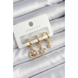 Pirinç Zirkon Taşlı Yıldız Model Gold Renk 3'lü Çift Kadın Küpe Set