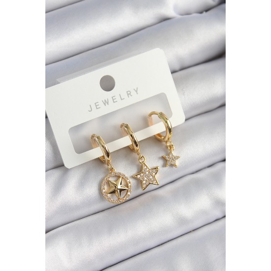 Pirinç Zirkon Taşlı Yıldız Model Gold Renk 3'lü Çift Kadın Küpe Set Pirinç Zirkon Taşlı Yıldız Model Gold Renk 3'lü Çift Kadın Küpe Set