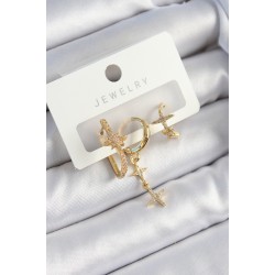 Pirinç Zirkon Taşlı Yıldız Model Gold Renk 3'lü Çift Kadın Küpe Set