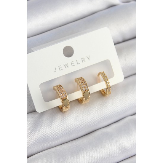 Pirinç Zirkon Taşlı Halka Model Gold Renk 3'lü Çift Kadın Küpe Set Pirinç Zirkon Taşlı Halka Model Gold Renk 3'lü Çift Kadın Küpe Set