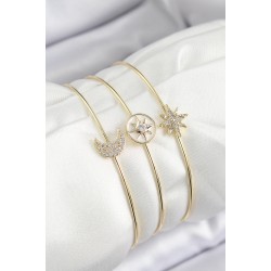 Pirinç Zirkon Taşlı Ay Ve Kutup Yıldızı Model Gold Renk Vip 3'lü Kadın Bileklik