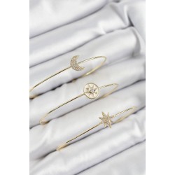 Pirinç Zirkon Taşlı Ay Ve Kutup Yıldızı Model Gold Renk Vip 3'lü Kadın Bileklik