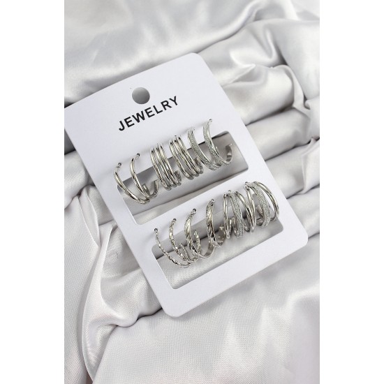 Pirinç Karışık Halka Model Gümüş Renk 6 Çift Kadın Küpe Set Pirinç Karışık Halka Model Gümüş Renk 6 Çift Kadın Küpe Set