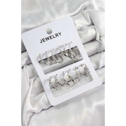 Pirinç Karışık Halka Model Gümüş Renk 6 Çift Kadın Küpe Set