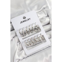 Pirinç Karışık Halka Model Gümüş Renk 6 Çift Kadın Küpe Set