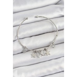 Pirinç Zirkon Taşlı Kelebek Ve Yıldız Model Gümüş Renk Charm Bileklik