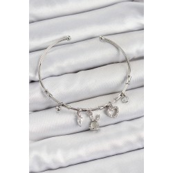 Pirinç Zirkon Taşlı Tavşan Ve Kalp Model Gümüş Renk Charm Bileklik