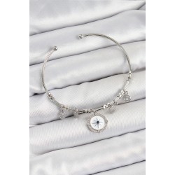 Pirinç Zirkon Taşlı Pusula Model Gümüş Renk Charm Bileklik