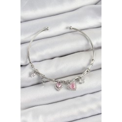 Pirinç Zirkon Taşlı Pembe Kalp Model Gümüş Renk Charm Bileklik