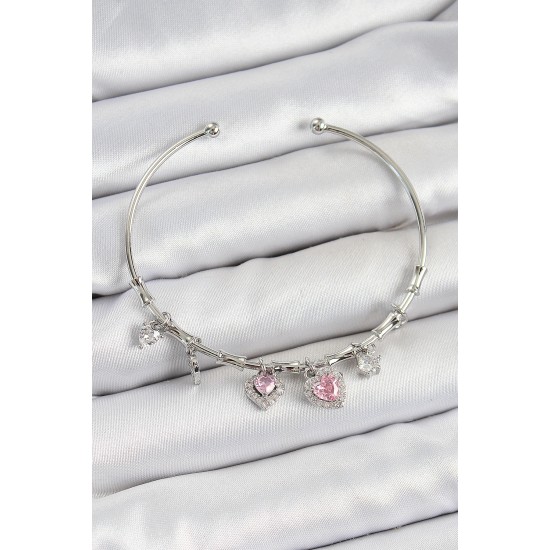 Pirinç Zirkon Taşlı Pembe Kalp Model Gümüş Renk Charm Bileklik
